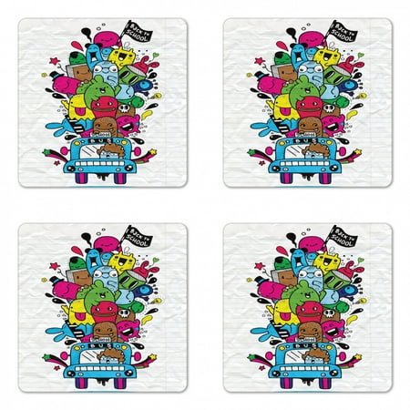 

Doodle Coaster Set of 4 Back to School Themed Funny Little Monsters on a Bus Notebook Page Look Background Square Hardboard Gloss Coasters Standard Size Multicolor by Ambesonne