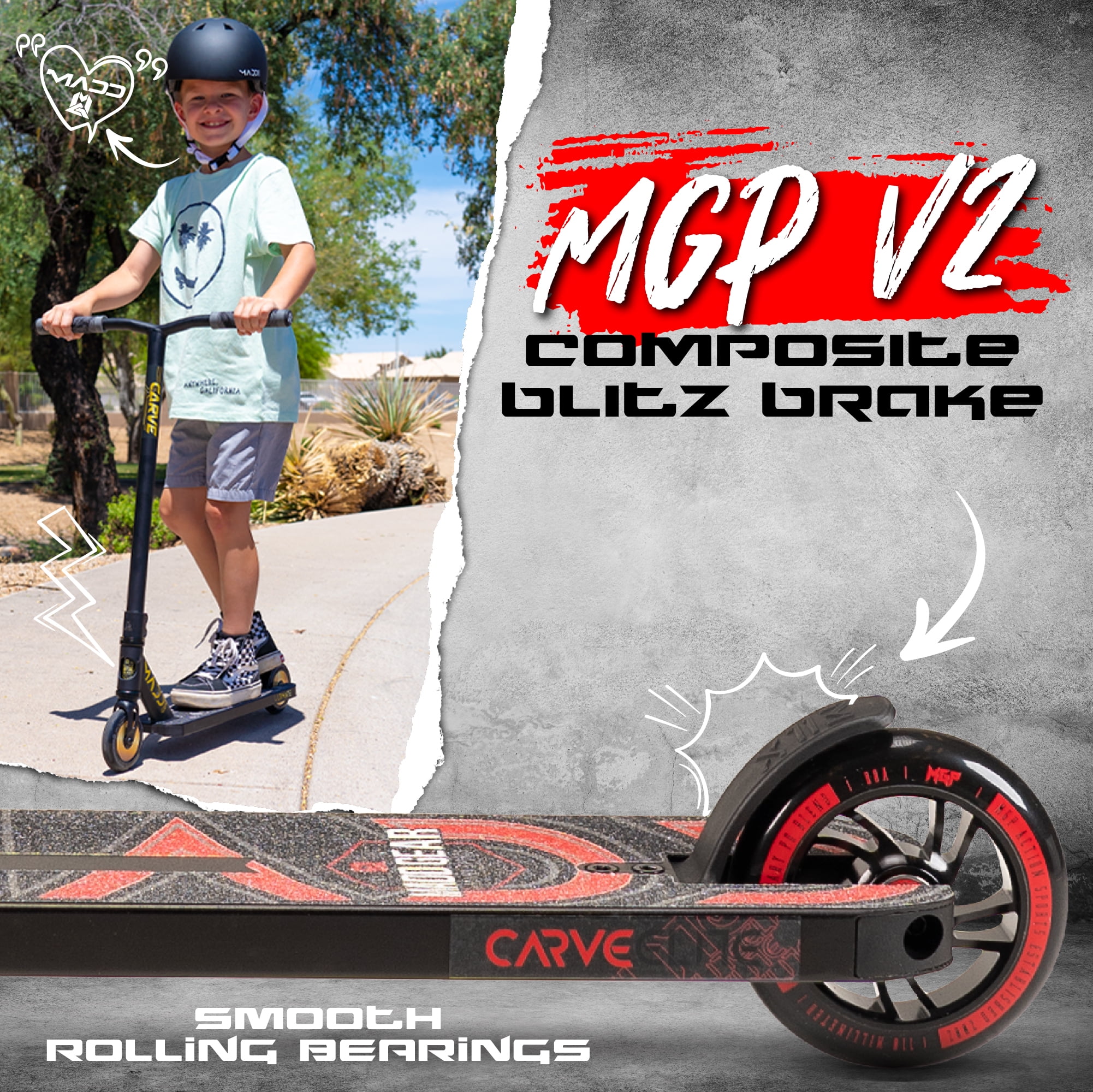 Kids & Teens Pro Stunt Scooter Ages 8–13 – Beginner Freestyle Trick Scooter, 32" Fixed Height, 110 mm Alloy Core Wheels, Black/Red – Madd Gear Carve Elite, For Ages 8 Years and Up