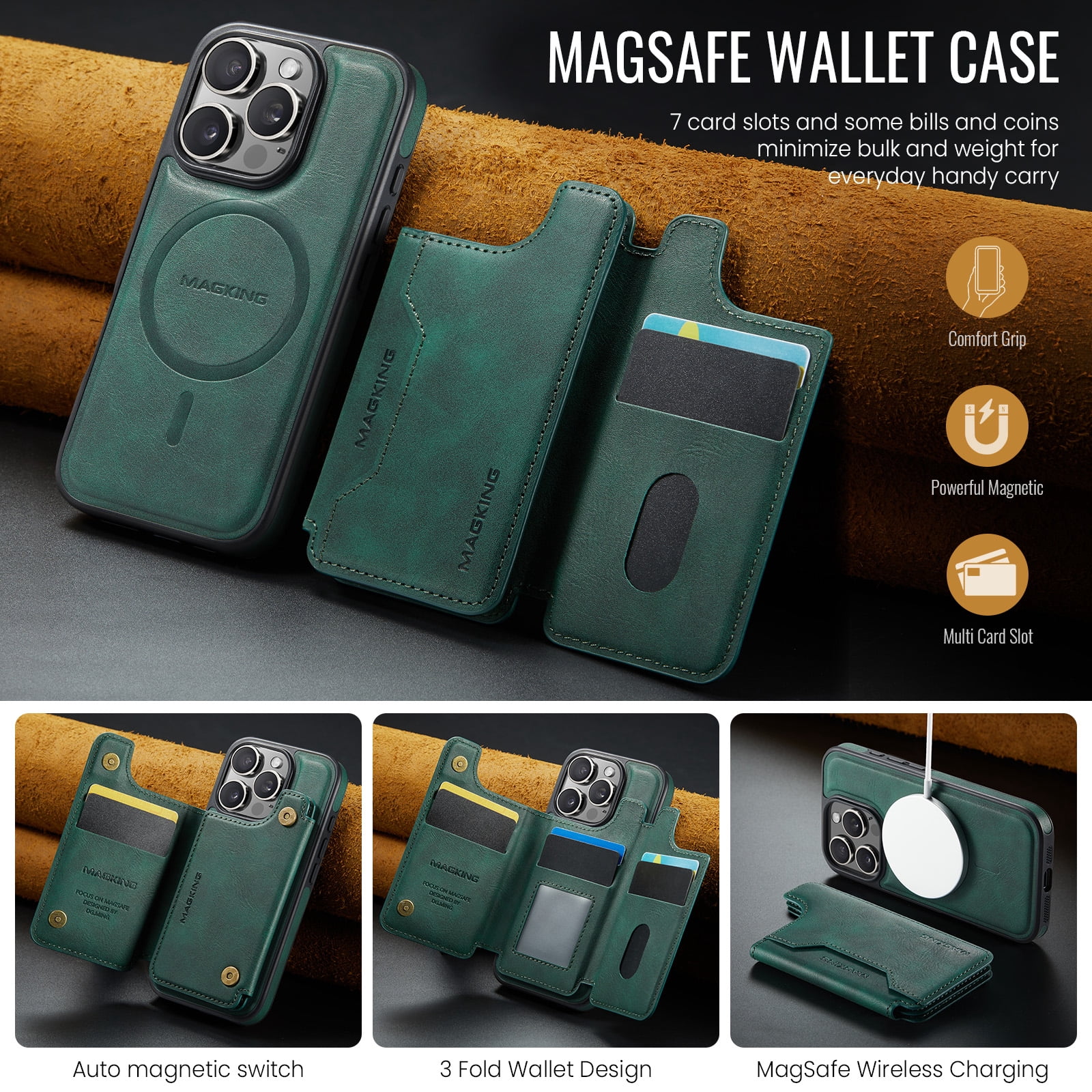 Designed for iPhone 16 Pro Max Wallet Phone Case,Magnetic Detachable Flip Card Holder,Back Flip Kickstand,Compatible with Mag-Safe,2-in-1 PU Leather Heavy Duty Shockproof Phone Case,Green