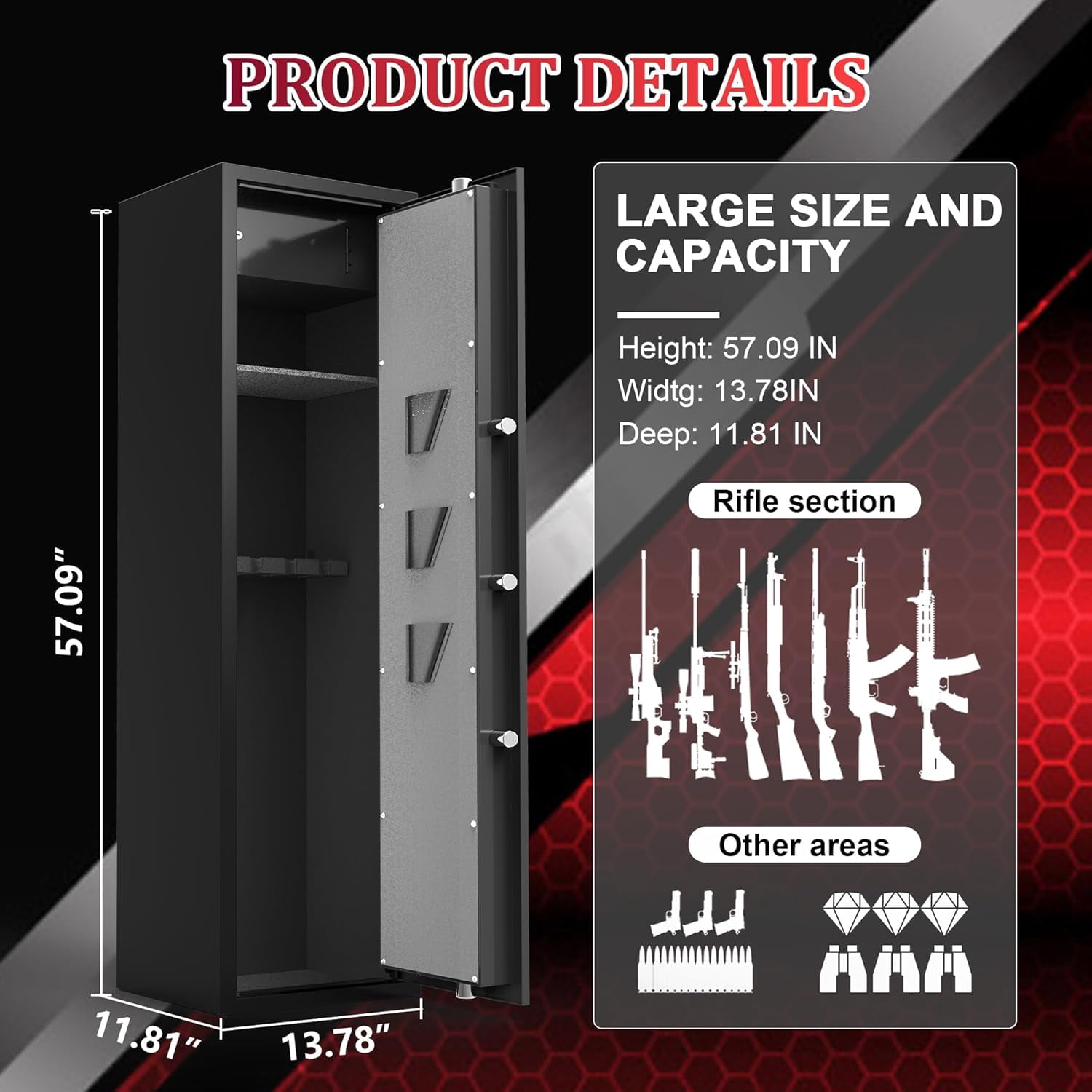 Marcree Biometric Fingerprint Gun Safe for Rifles, 6-8 Gun Cabinet with Key Inner Cabinet, Fingerprint & Digital Keypad  Cabinet, Gun Safe for Rifles and Pistols, Pistol Pocket, Silent Mode
