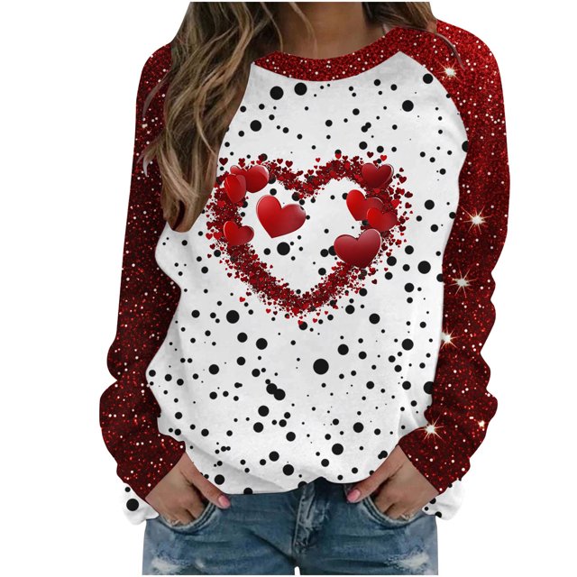 Penkiiy Mode Dames Saint-Valentin Imprimé Sans Tête Manches Longues Col Rond Haut 2TG Rouge