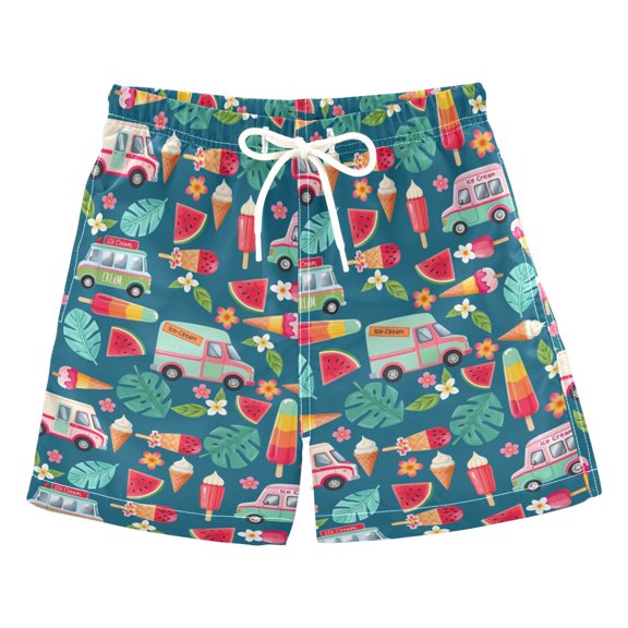 FORMRS Boys Swim Trunks Quick Dry Mesh Lining Beach Boardshorts, Sizes XS-XL, Green Cartoon Truck Pattern
