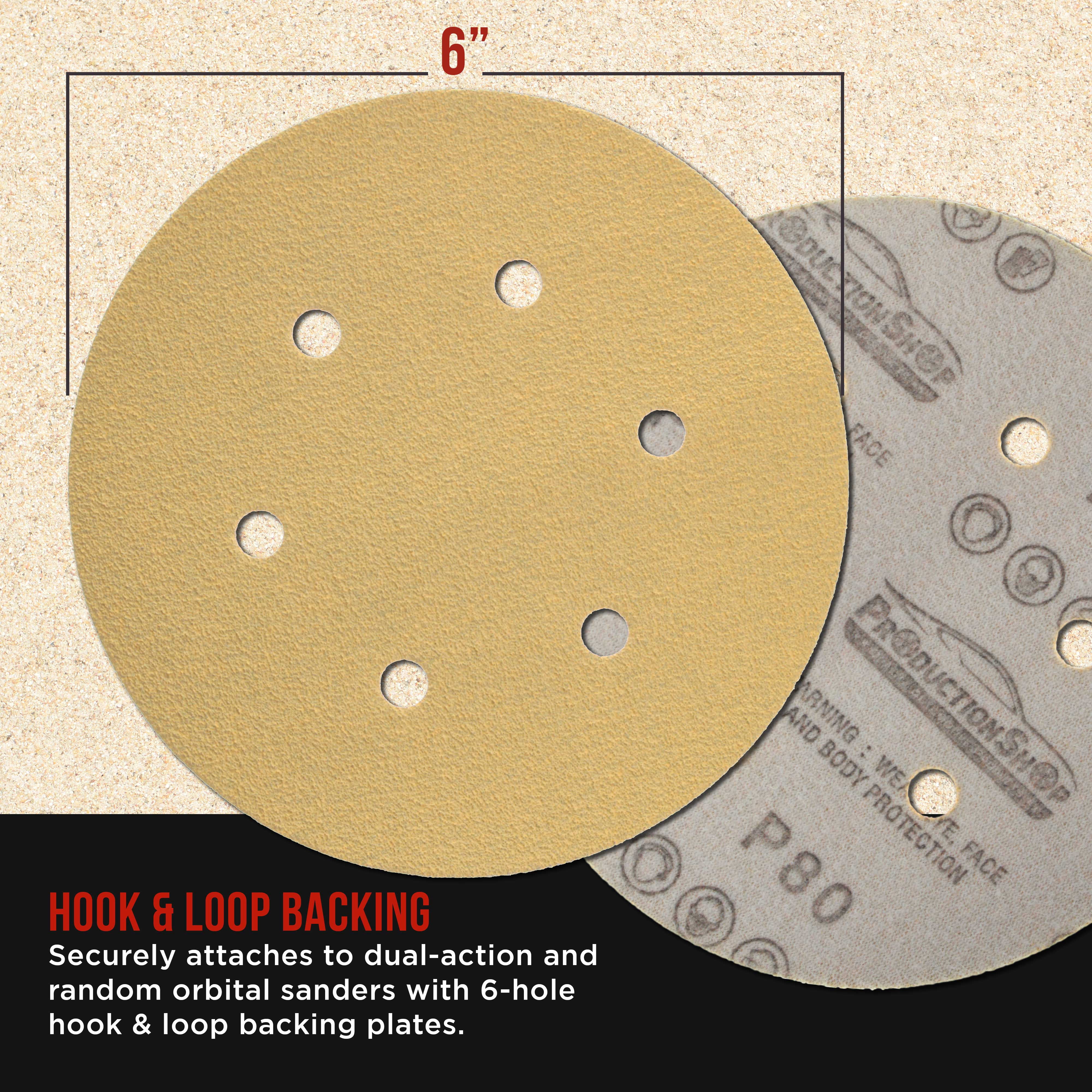 ProductionShop Premium 80 Grit 6" Gold Sanding Discs, 6-Hole Pattern, Box of 100 - Dustless Hook & Loop Backing Sandpaper for DA & Random Orbital Sanders, Sand Auto Paint, Wood Woodworking Furniture