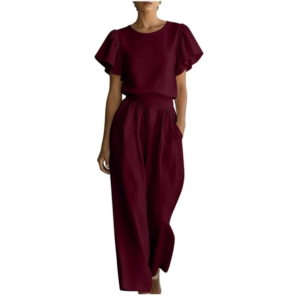 Dvprdro Crewneck Ruffle Sleeve Top and High Waist Wide Leg Pants Set for Women Elastic Waist Summer Casual