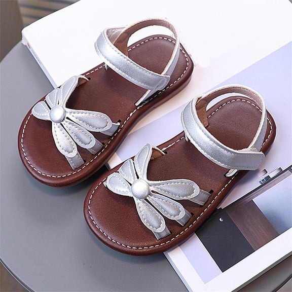 Eltusu Girls Sandals, Casual Soft Bottom Non-Slip Open Toe Summer Shoes Silver Size 6.5-7 T