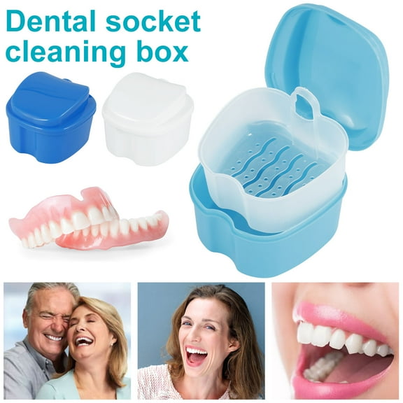50Pcs Denture Bath Case Box Cup Container with Basket Denture Holder for Travel and Cleaning