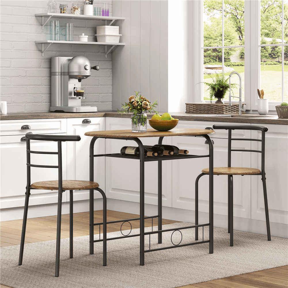 Fullfurnique Modern 3-piece Round Dining Table and 2 Chairs Set with Steel Legs, Brown