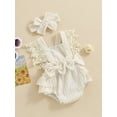thumbnail image 5 of Hirigin Infant Baby Girl Summer Romper 3 6 12 18 Months Lace Sleeve Pleated Bow Jumpsuit Bodysuit with Headband, 5 of 8