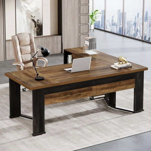 Tribesigns 70.86" L Shaped Executive Desk with Mobile File Cabinet, 2 Drawers and Storage Shelves for Home Office, Brown