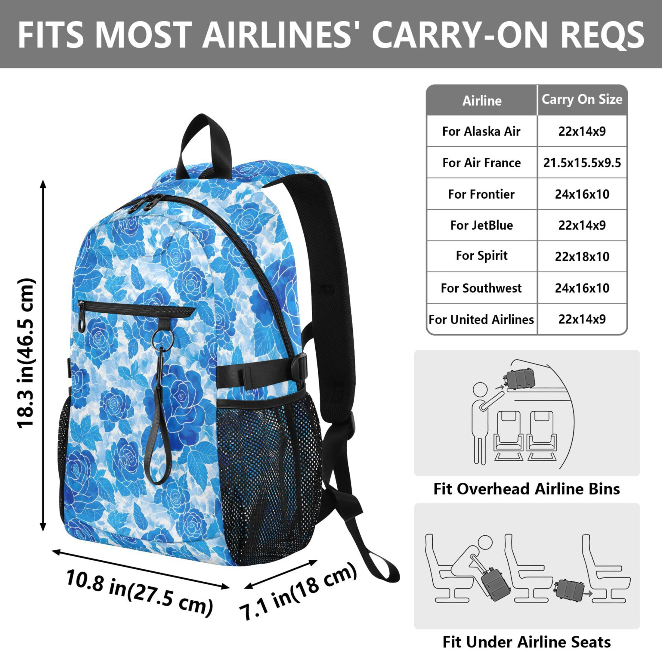 JIALIOU 14" Laptop Backpack Waterproof Airline Approved Stylish Casual Daypack for Travel Business College Work, Blue Watercolor Roses