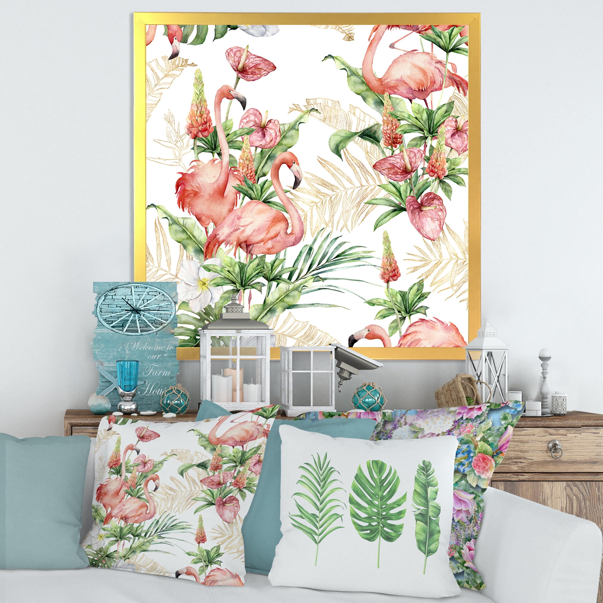 Designart 'Tropical Flowers & Gold Leaves With Pink Flamingos' Traditional Framed Art Print