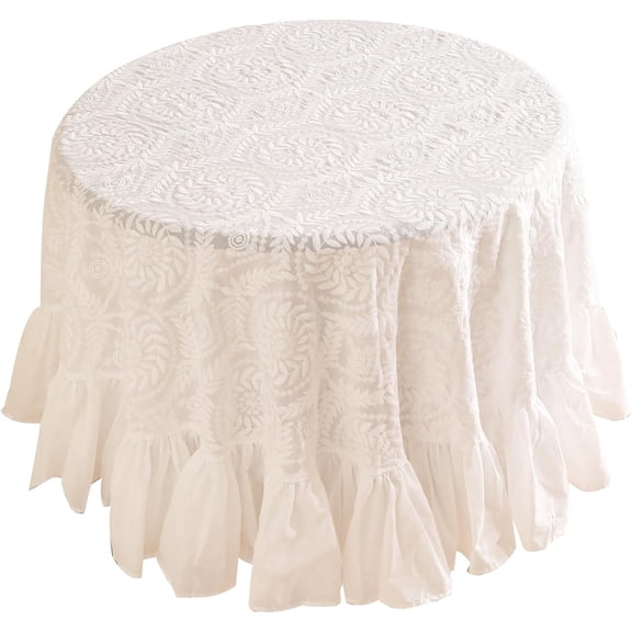 Vintage Ruffle Tablecloth for Round Tables, Farmhouse Embroidered Cotton White Lace Table Cloth Cover Decor for Dining Room Wedding Banquet Thanksgiving Christmas, Dimaeter 59"