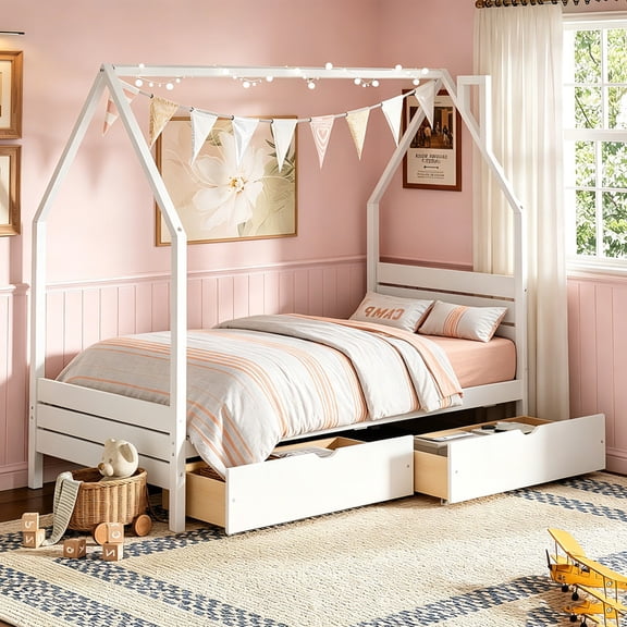 Bellemave Twin Size Montessori Bed with Storage Drawers, Wooden House Bed with Headboard, Twin Platform Bed Frame with Roof for Kids, No Box Spring Needed, White