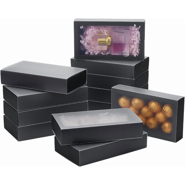 12 cajas de regalo de papel negro, tipo cajón, con ventana de PVC esmerilado, ideales para obsequios de fiesta, joyas o regalos de pedida de mano. Medidas: 16 x 9 x 3 cm.
