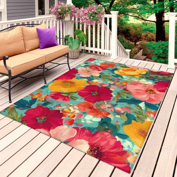 Bohemia Floral Outdoor Rug for Patio/Deck/Porch, Non-Slip Large Area Rug 6 x 9 Ft, Modern Rustic Poppies Flower Leaves Watercolor Indoor Outdoor Rugs Washable Area Rugs, Camping Rug Carpet Runner