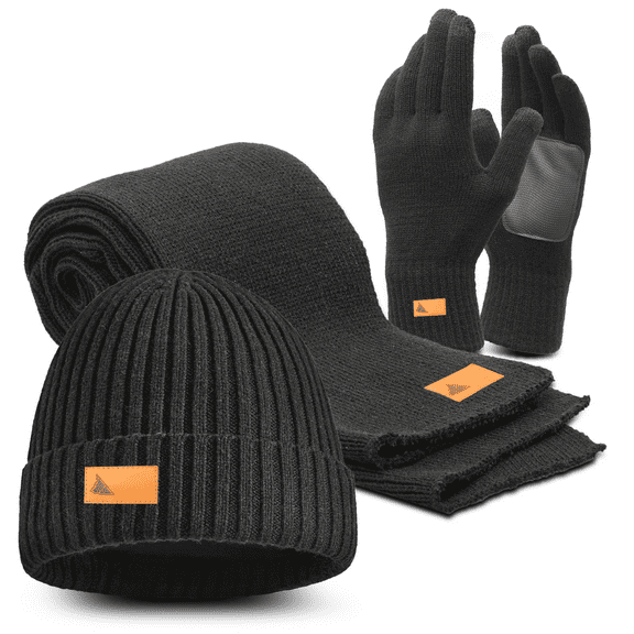 Magshion 3Pcs Woman Men Beanie Hat Long Scarf Touchscreen Gloves Knitted Set Windproof Winter Warmer, Black