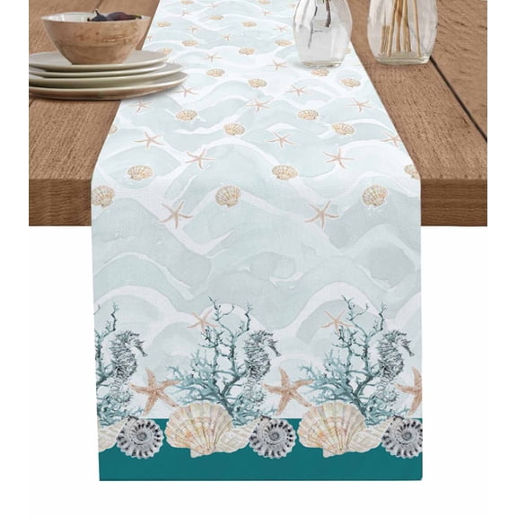 Boanket Turquoise Shell Table Runner - 36 Inch Long, Kitchen Dining Table Runner Dresser Scarves, Rustic Coastal Nautical Ocean Animals Farmhouse Decor for Coffee Tables Wedding Party Banquet