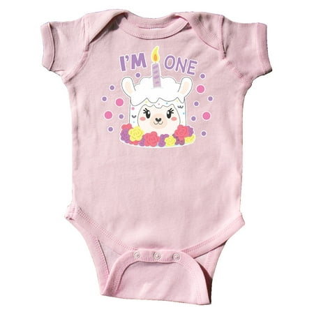 

Inktastic I m One with Flowers and Cute Llama Cake Gift Baby Girl Bodysuit
