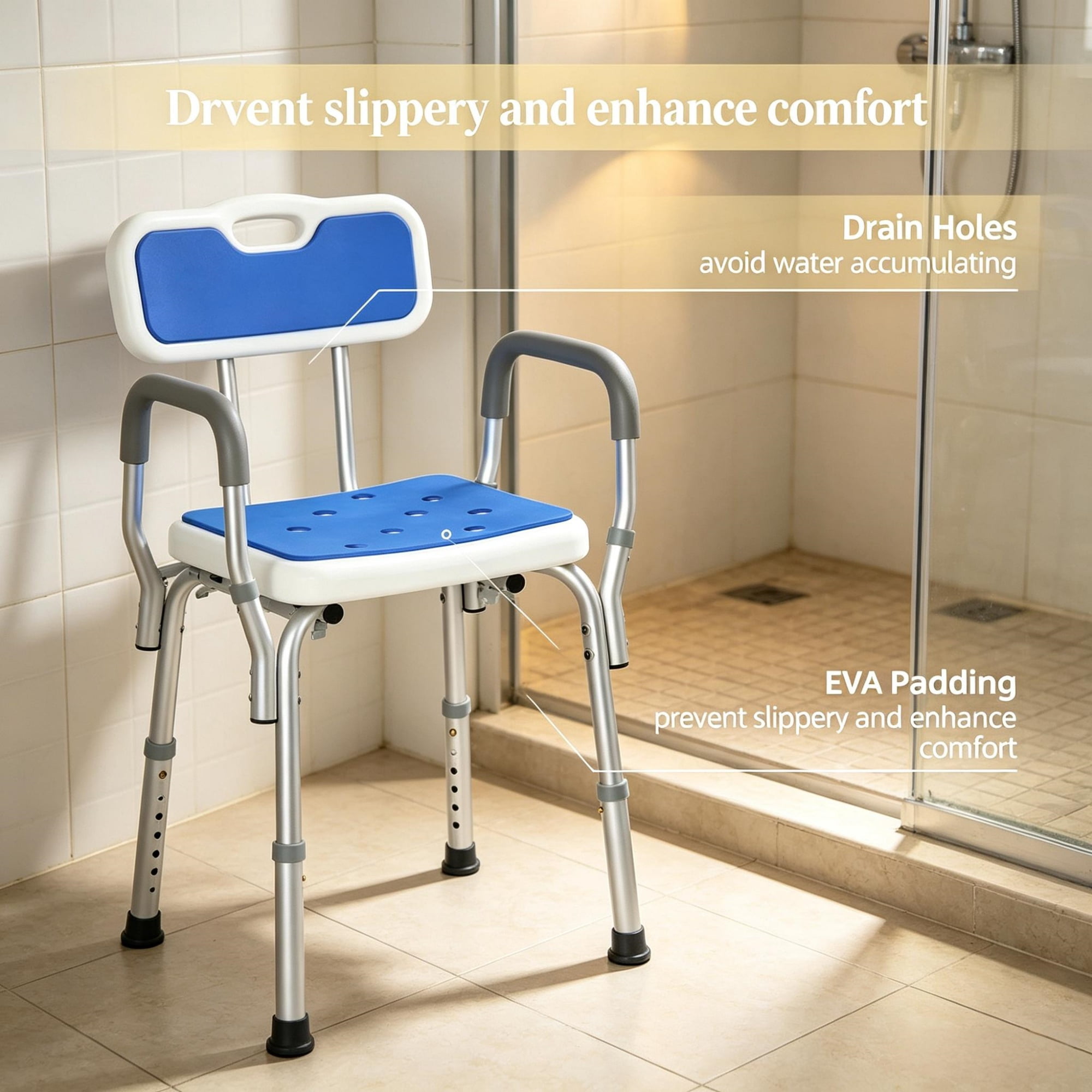 Adjustable Height Padded Shower Chair with Arms And Back Anti-slip Bath Seat for Seniors And Disabled Tool-Free Assembly, 299lbs