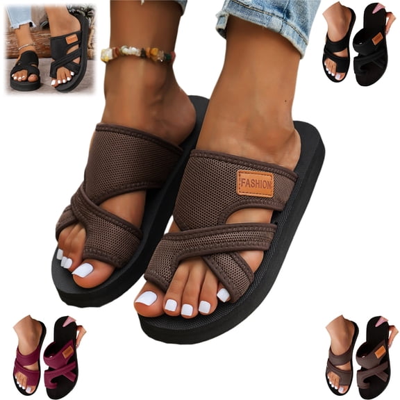 Mfakffe Orthopedic Sandals for Women Summer Beach Wide Toe Ring Flip Flops Comfortable Slip on Slippers Casual Walking Flat Shoes (Coffee)