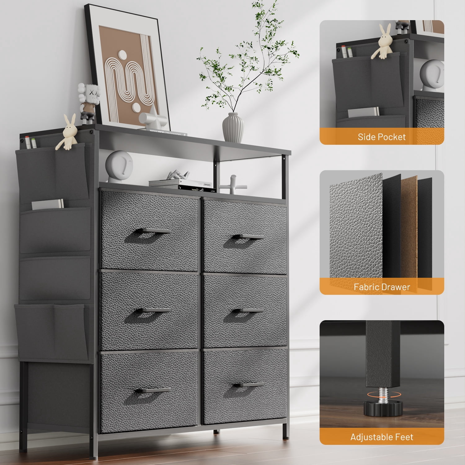 HLDIRECT Dresser for Bedroom with 6 Drawers, Fabric Chest of Drawers with Open Shelves & Side Storage Bags, Storage Cabinet with LED Lights for Living Room, Closet, Entryway, Gray