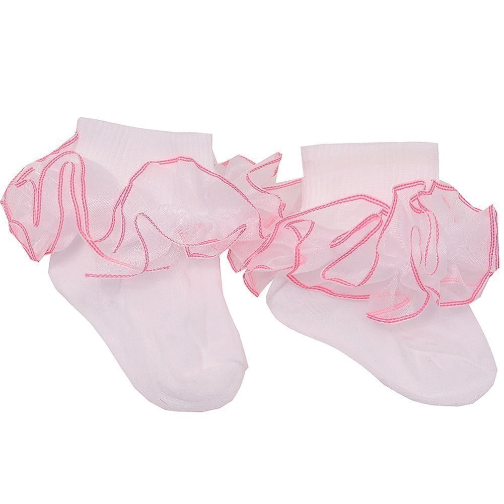 Piccolo Baby Girls White Turquoise Trim Tie Accent Ankle Ruffle Socks 3-5