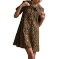 thumbnail image 3 of Women'S Leopard Print Denim Dress Short Sleeve Sailor Collar Button Down A Line Mini Casual Dress Dark Brown L, 3 of 9
