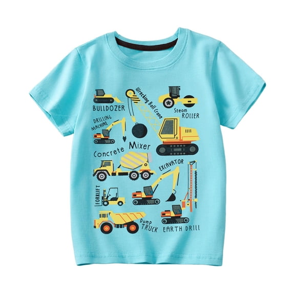 Bobifish Toddler Boys Graphic T‑Shirt Construction Print Short Sleeve Crewneck Tee Machinery Word Themed Summer Top For Kids