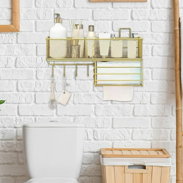 Estante de almacenamiento para baño, organizador de pared con ganchos, estantes para accesorios de baño para oficinas, despensas, dormitorios y baños Oro