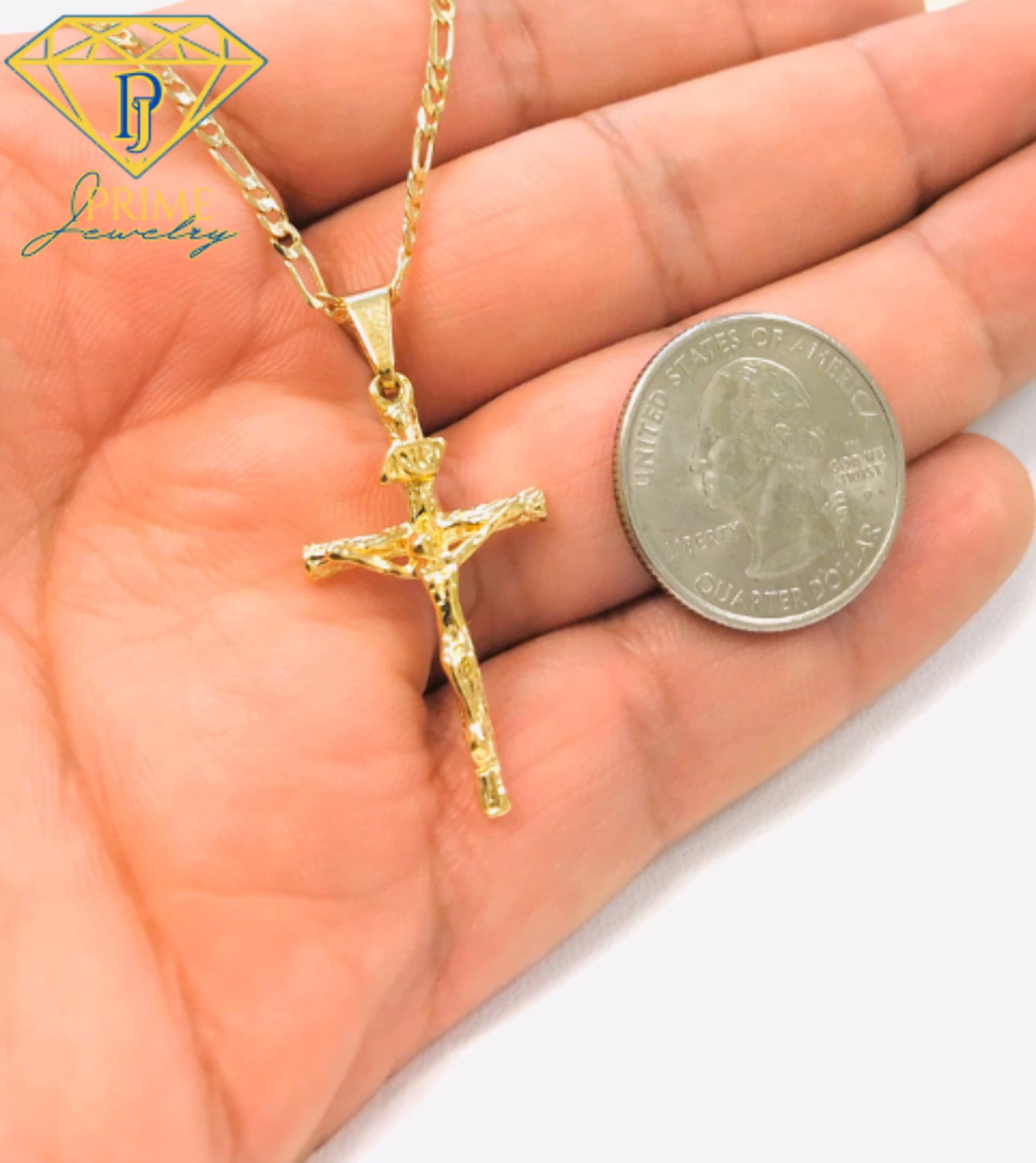 14K Gold Filled Pendant Cross 33x18mm Necklace 20” Figaro Link for Men Women - Prime Jewelry 269