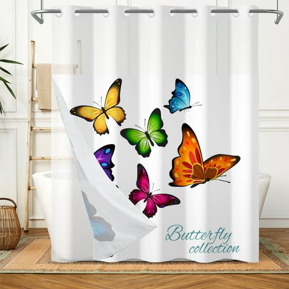 Mizhona Butterfly Shower Curtain No Hook for Bathroom with Snap in Liner Waterproof Polyester Washable 71"X71"
