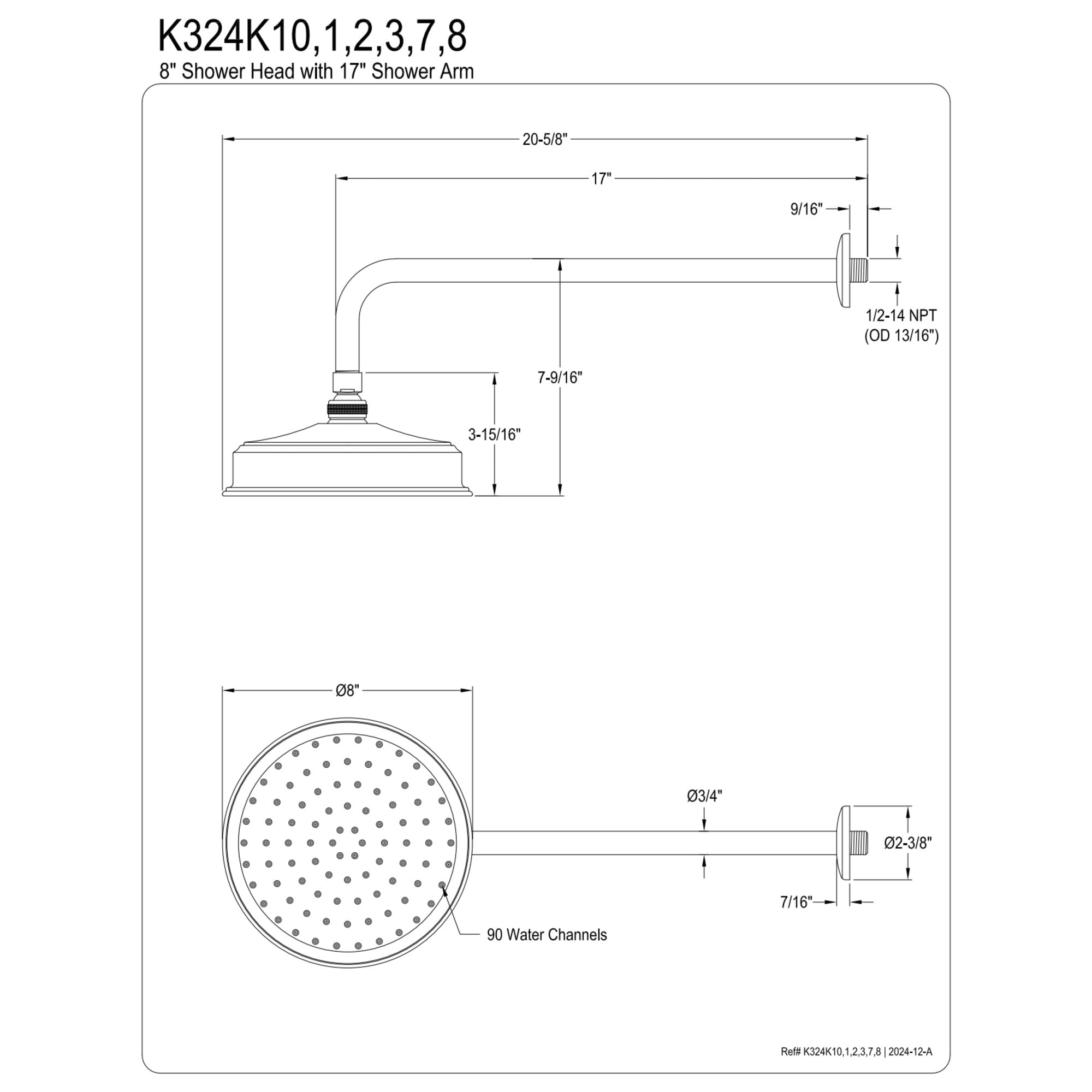 Kingston Brass K324K10 Trimscape 8" Round Brass Shower Head with 17" Ceiling Mounted Shower Arm, Matte Black