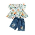 thumbnail image 1 of ITFABS Girls Flower Print Flying Sleeve Tops + Denim Shorts Set, 1 of 7