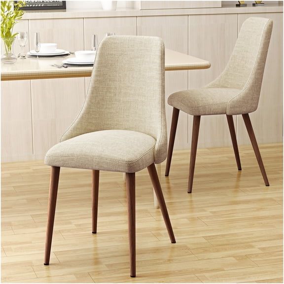 Mid Century Modern Upholstered Dining Chairs Set of 2 with Wood Look Legs and Curved Backrest