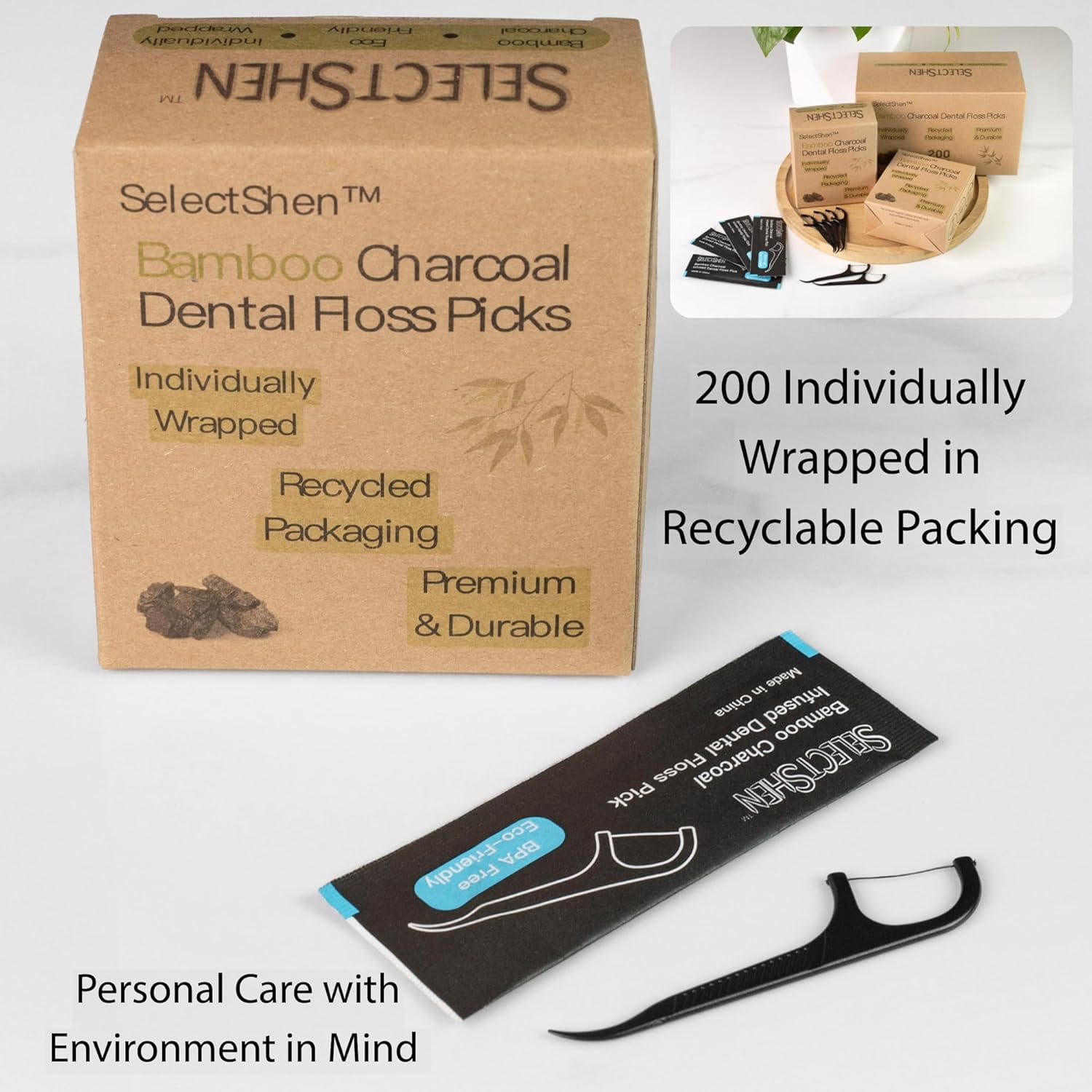 Dental Floss Picks-200 Count Individually Wrapped, Strong Charcoal Floss for Tight Teeth, Gum Health, Plaque Removal, Travel & Daily Oral Hygiene Friendly by General™