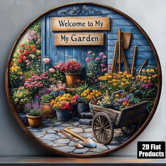 HELLOYOUNG Garden Metal Wall Art, Round Aluminum Sign 8x8 Inch, Home Bar Cafe Decor, 2D Vintage Wall Art Gift for Indoor Outdoor Decor