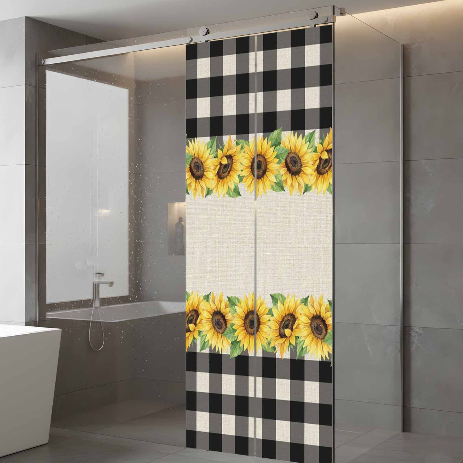 Sunflowers Window Privacy Film, Retro Country Floral Linen Texture Black Plaid Frosted Glass Window Clings Static Cling UV Heat Blocking Reusable Door Sticker for Bathroom 23.6 x 59 Inch