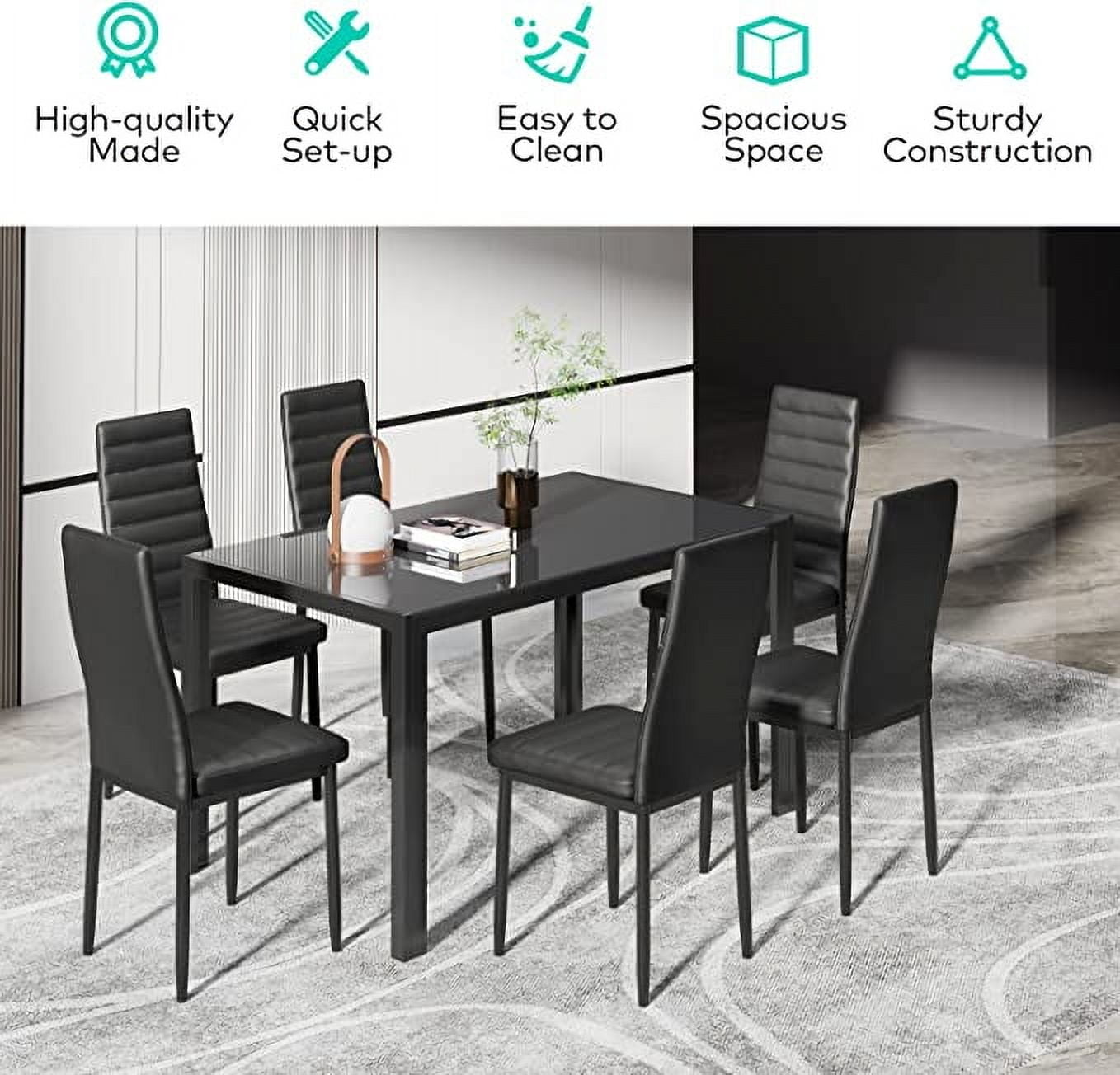 Lofka Dining Table Set for 6, 30" Kitchen Table and Chairs Set with 6 High PU Leather Back Chairs, Black