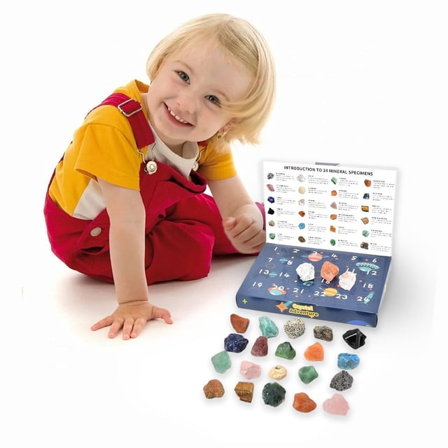 Calendario de Adviento de 24 Cristales para Niños | Kit de Exploración de Minerales de Cristal Natural | Calendario de Adviento Educativo | Multicolor | 1 Unidad | 22 X 15 X 3 Cm | 350 G