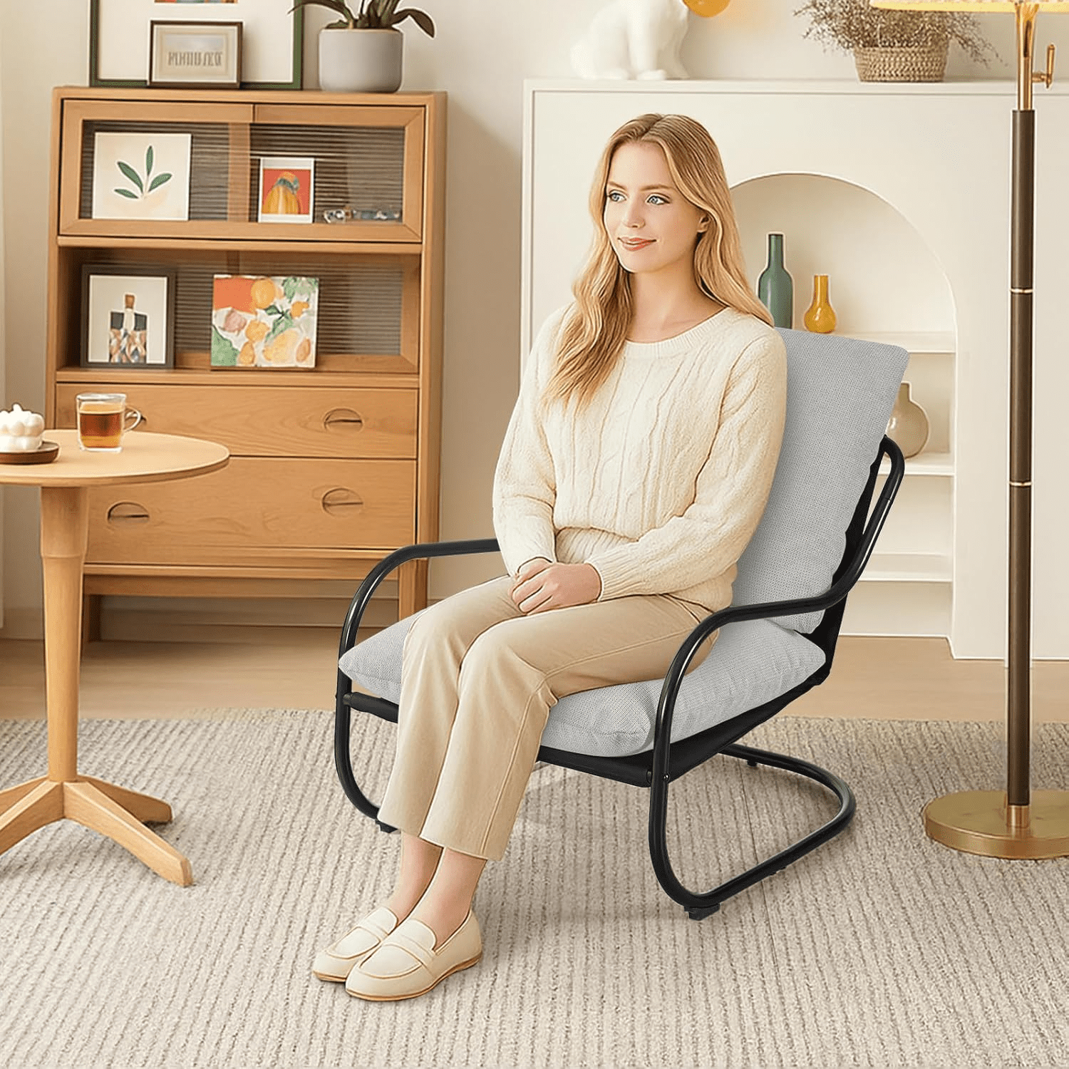 Gewnee Ergonomic Low Profile Accent Armchair, Heavy-Duty Metal Frame Upholstered Reading Side Chair, Space-Saving for Living Room Bedroom Office,Beige