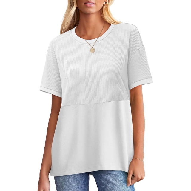 Yanlir Classique Hauts à Col Rond Manches Courtes pour Femmes Couleur Unie Printemps Été Blouse Décontractée, Basique Coupe Ample Style T-Shirt pour Usage Quotidien 2025(Blanc1,)