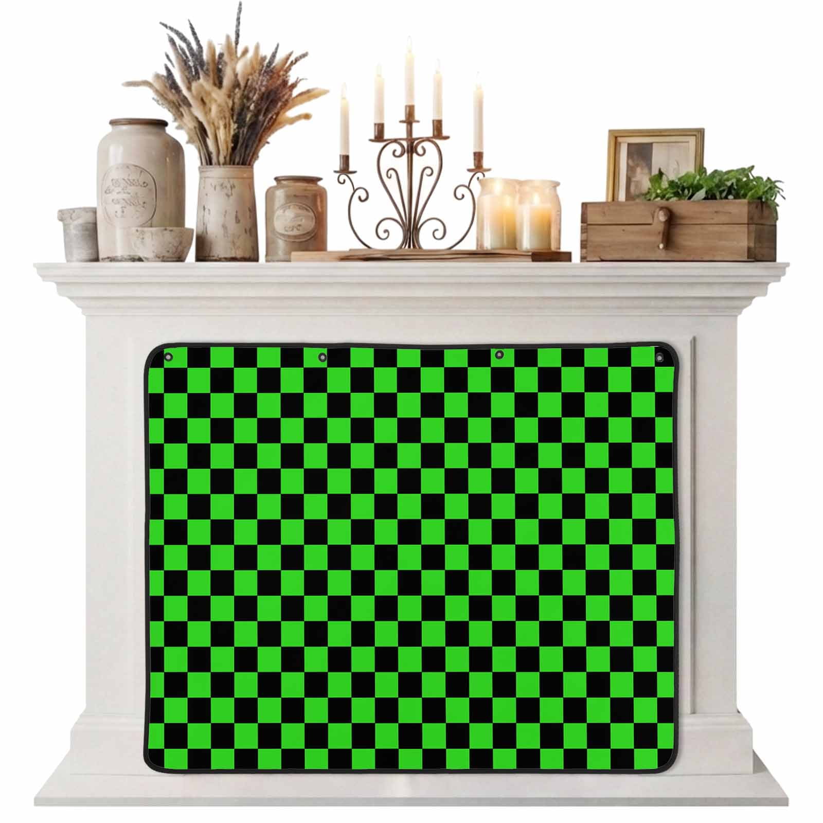 Magnetic Fireplace Cover Green Black Chessboard Fireplace Screen Square Blocks Plaid Insulation Fireplace Blocker Blanket Save Energy Fireplace Draft Stopper Covers for Living Room 45x34