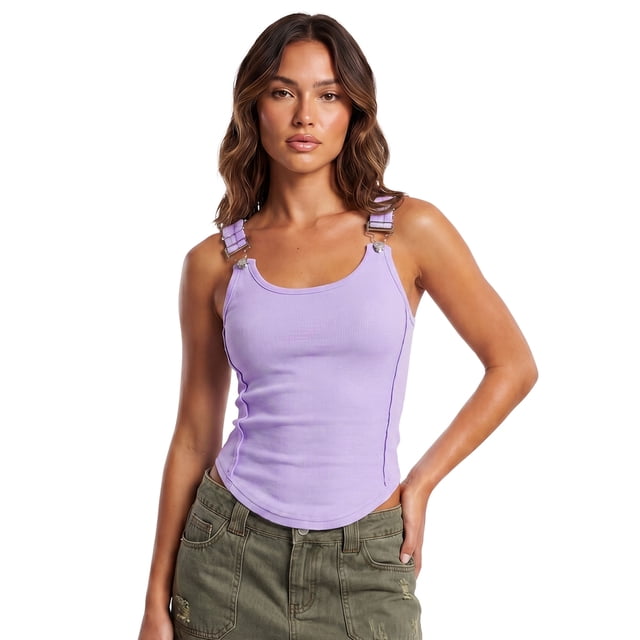 Camiseta sin mangas acanalada para mujer, elegante camisola sin mangas con tirantes de hebilla metálica y bajo curvado.