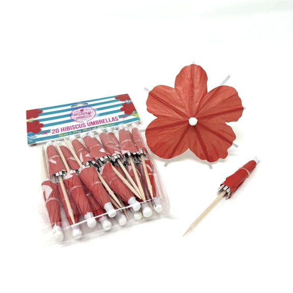 Drink Umbrella, Hibiscus Flower, Tiki Luau Party Decor, Red, 20 Count