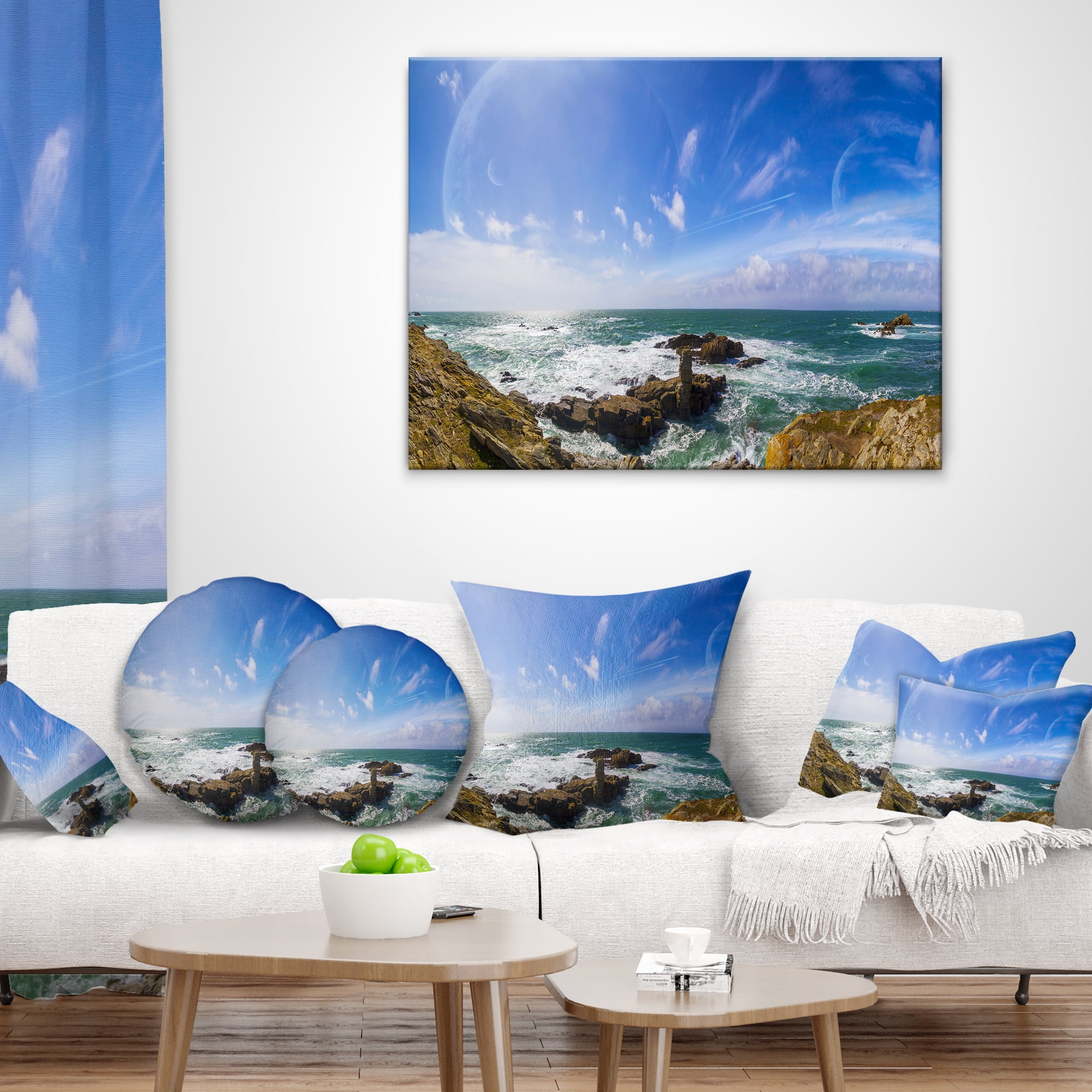 Designart Distant Planet System from Cliffs - Seashore Throw Pillow - 18x18