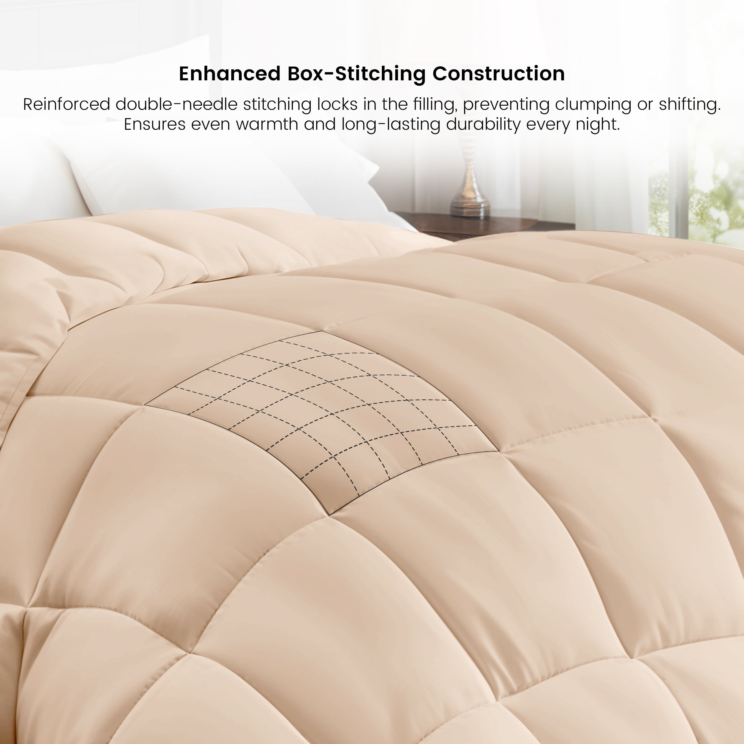 Lux Decor Collection Queen Comforter - Box Stitched Down Alternative Quilted Duvet Insert with Corner Tabs - Beige
