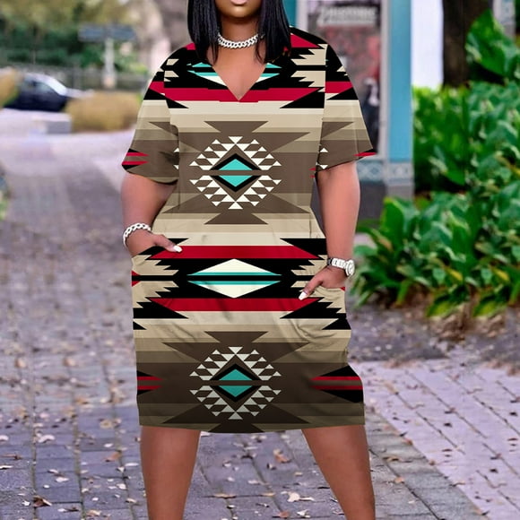 Meichang Summer Dresses for Women 2024 Plus Size Short Sleeves V Neck Knee-Length Dresses Aztec Cow Western Dresses Loose Fit Casual Midi Dresses with Pockets
