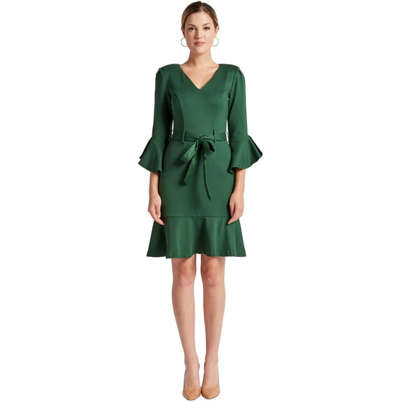 Tayte Dress - Women's V-neck 3/4 sleeve dress with ruffle accents and self belt