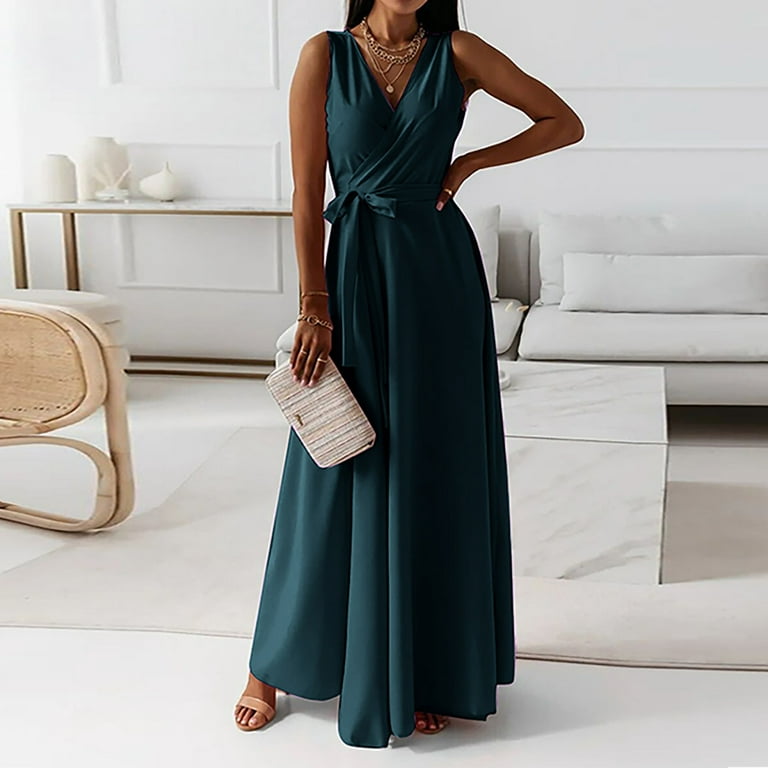 Summer Saving Wycnly Summer Dresses for Women Business Casual Empire Waist  Swing Tank Long Dresses with Belt 2024 Sleeveless V-Neck Solid Maxi Formal