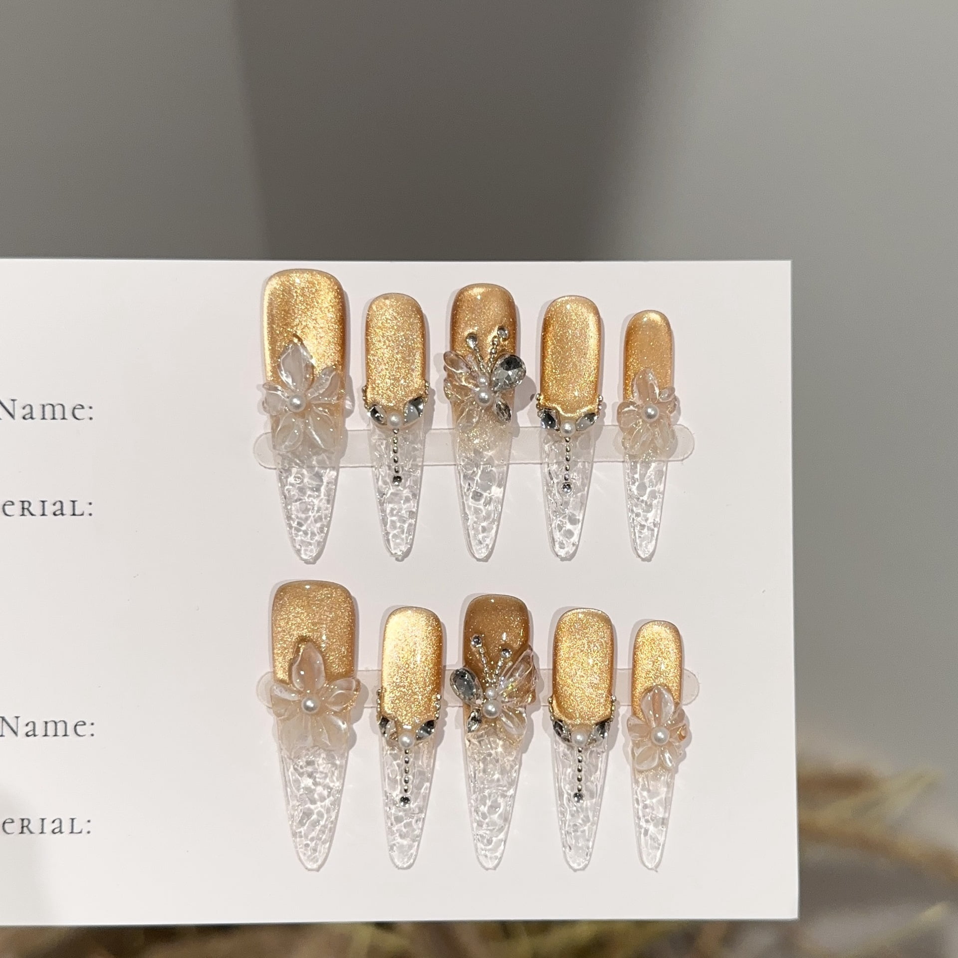 Purely handmade wearing nail, advanced autumn and winter golden cat eye long nail art piece, carved three-dimensional butterfly fake nail patch
